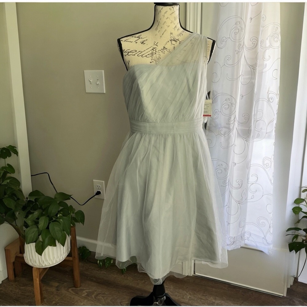 David's Bridal Dress Sz‎ 10 Blue Gray One Shoulder Formal Prom Party Cocktail